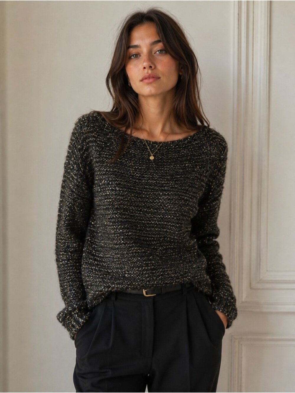 Maje Metallic Knit Wool Blend Sweater Size 3 Black Gold Sparkle